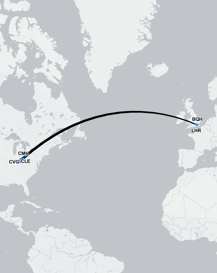 Flight route map showing a medevac from Ohio to the UK arranged by SkyCare.