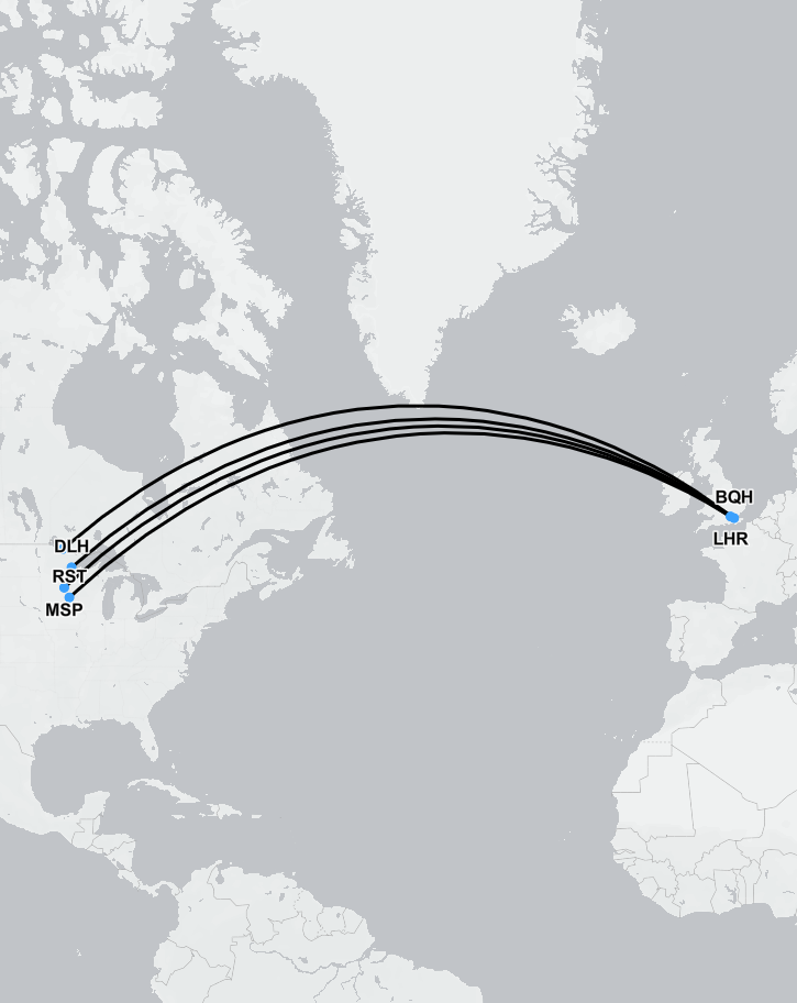 Flight route map showing medical evacuation from Minnesota to the UK.