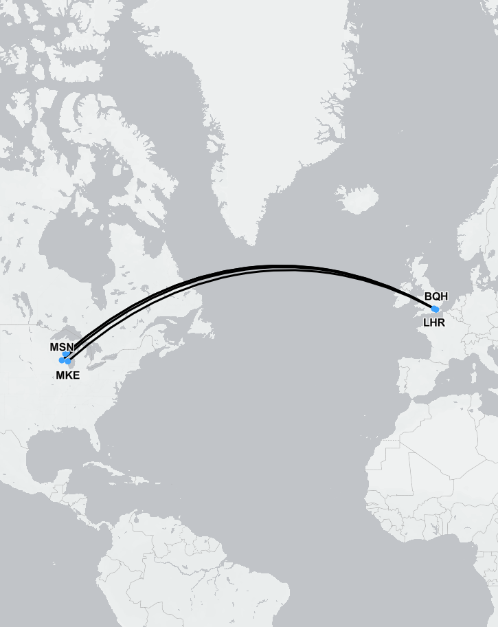 Route map showing medical evacuation from Wisconsin to the UK.
