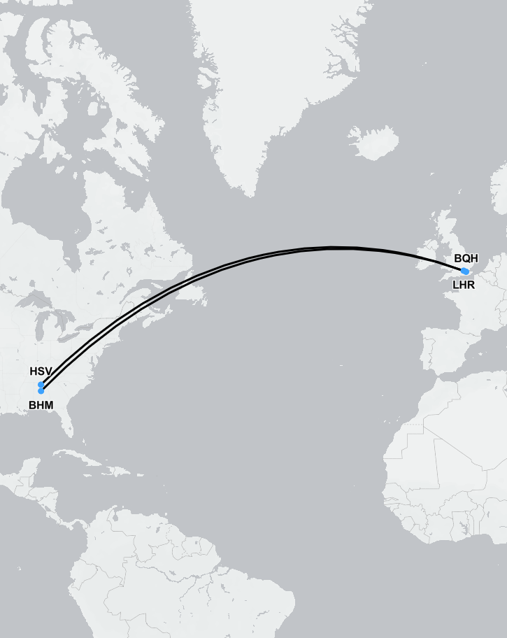Route map showing medical flight from Alabama to the UK