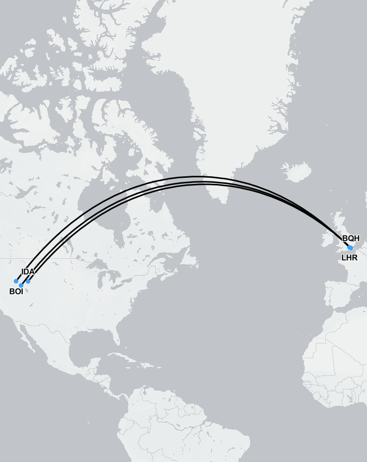 Route map showing medical flight from Idaho to the UK arranged by SkyCare