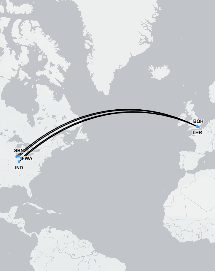 Route map showing medical flight from Indiana to the UK