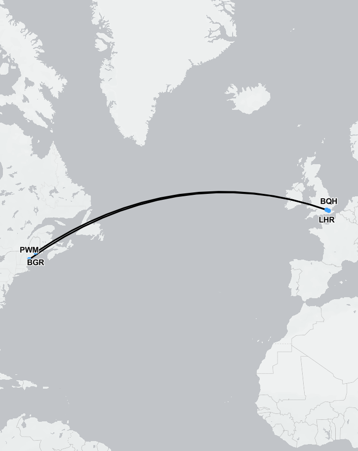 Route map showing medical flight from Maine to the UK