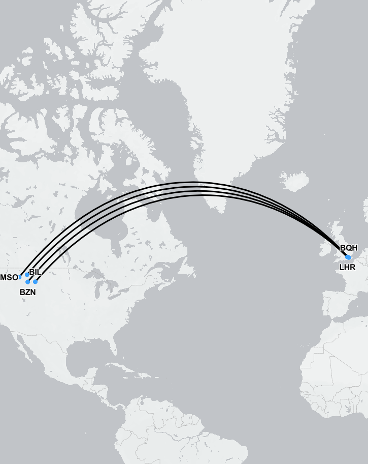 Map showing medical flight route from Montana to the UK arranged by SkyCare