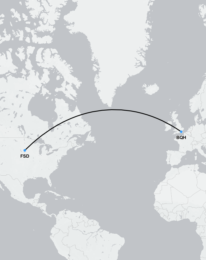 Route map showing medical flight from South Dakota to the UK