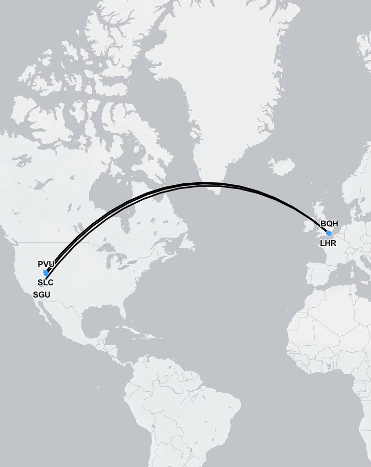 Map route showing medical flight from Utah to the UK