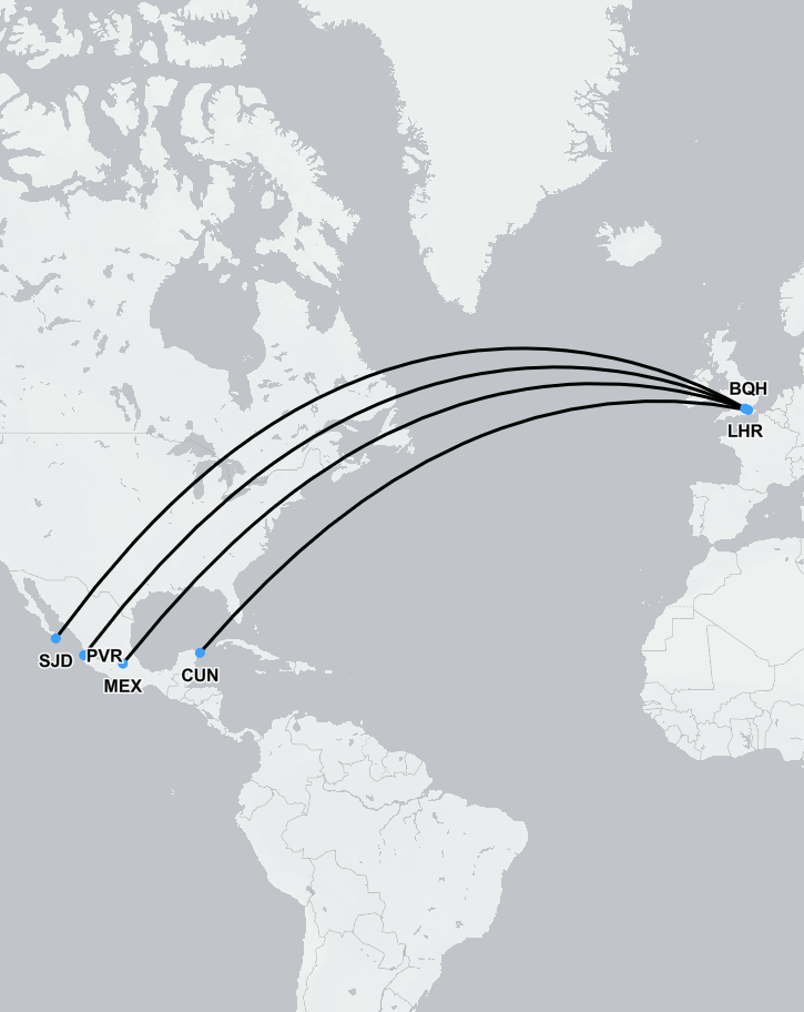 Route map showing medical flights from Mexico to the UK
