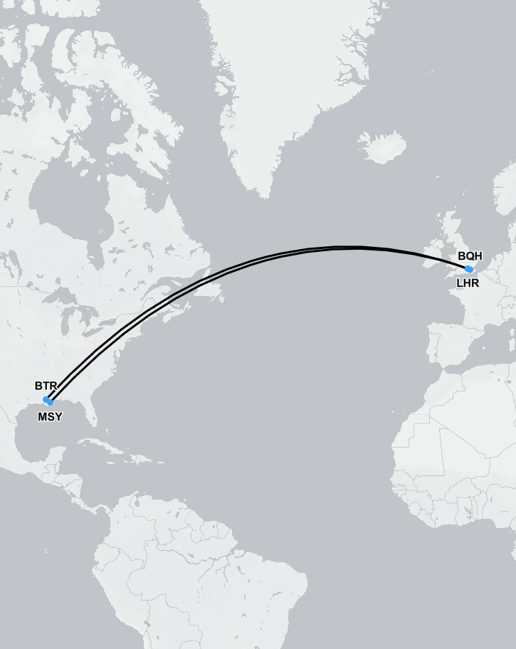 Flight route map showing medical repatriation path from Louisiana to the UK
