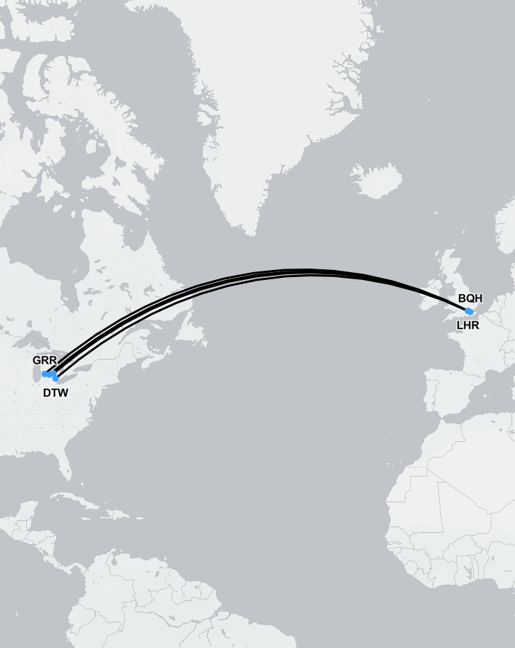 Flight route map showing medical repatriation from Michigan to the UK.