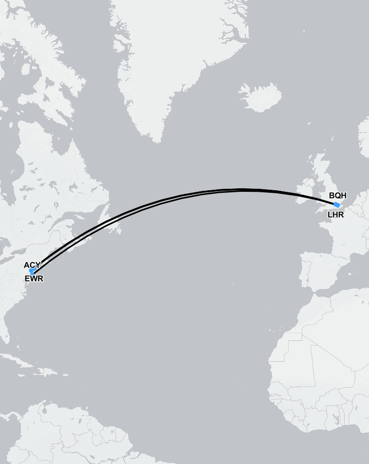Flight route map showing medical repatriation from New Jersey to the UK