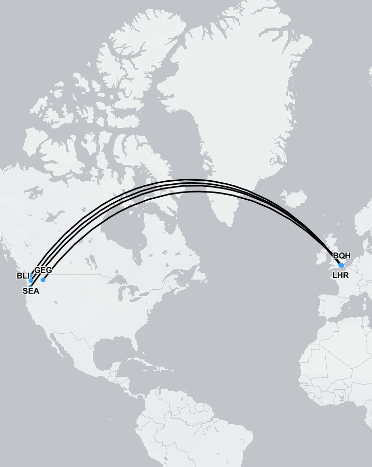 Flight route map showing medical transport from Washington State to the UK by air ambulance and commercial medical escort