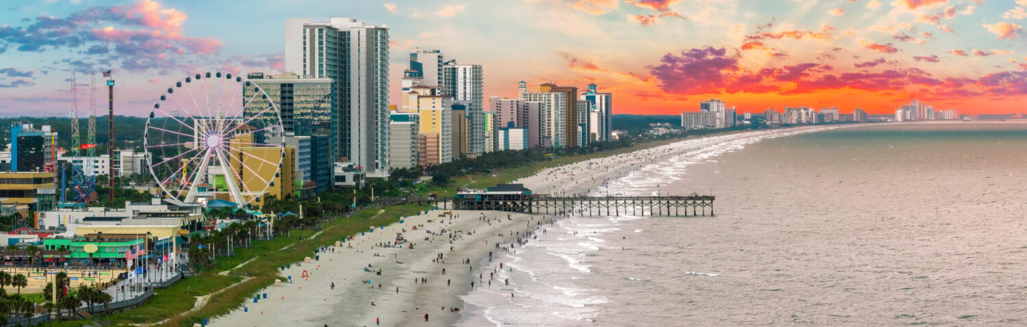 Scenic view of Myrtle Beach coastline, a key location for medical repatriation and air ambulance departures in South Carolina.
