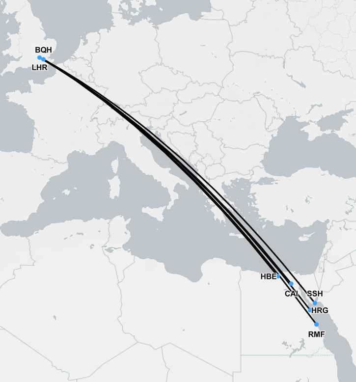 Air ambulance Egypt to UK flight route map