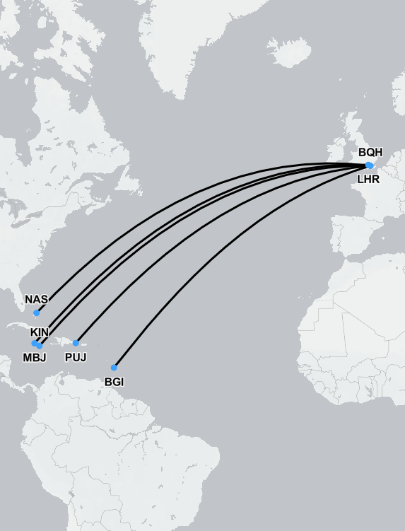 Air ambulance route from the Caribbean to the UK showing medical repatriation flight path