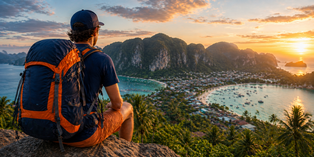 Backpacker overlooking tropical destination with backpacking travel advice for staying safe abroad