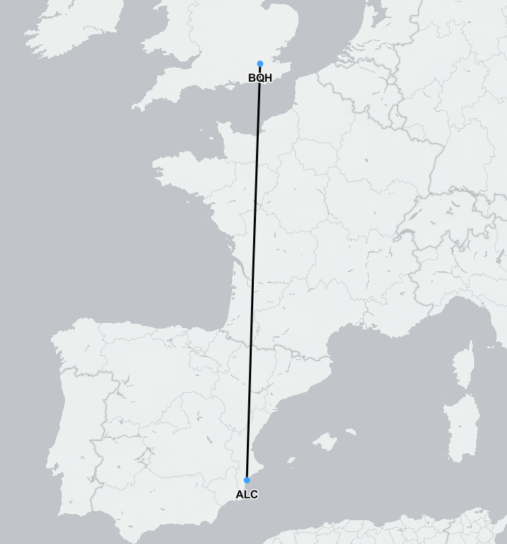 Flight route map from Benidorm to London for air ambulance repatriation