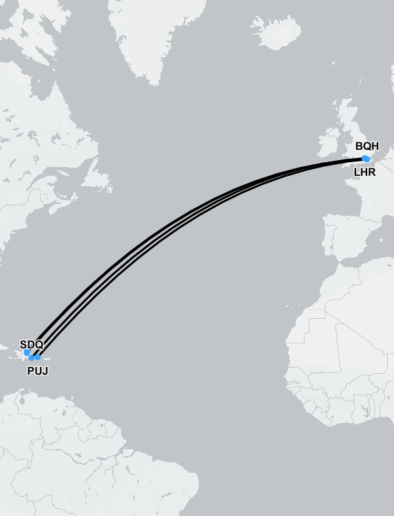 Medical flights Dominican Republic to the UK showing long haul patient repatriation route