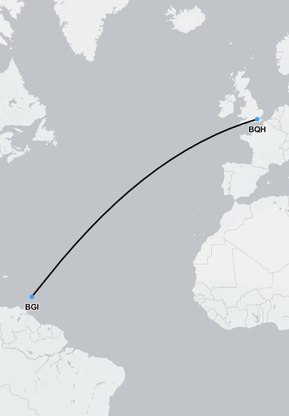 Flight map showing medical transport from Barbados to the UK for air ambulance and medevac services