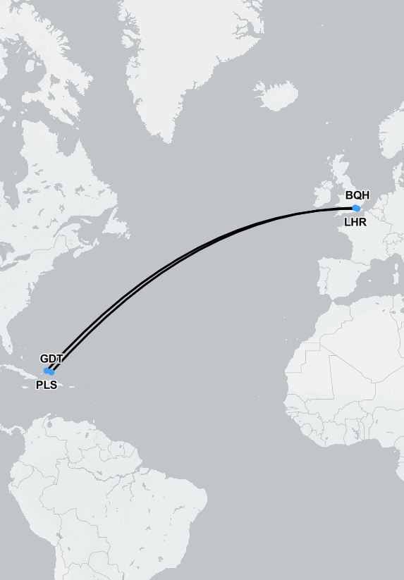 Flight route map showing medical transport from Turks and Caicos to the UK