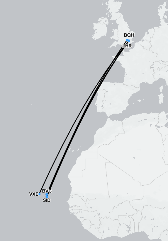 Medical transport from Cape Verde to the UK route map showing air ambulance and repatriation pathways