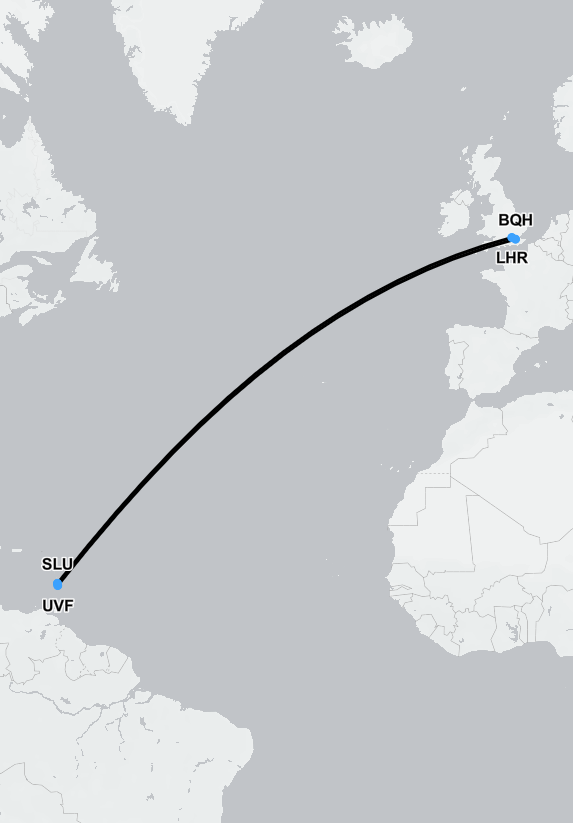 Flight route map for private air ambulance repatriation from Saint Lucia to the UK