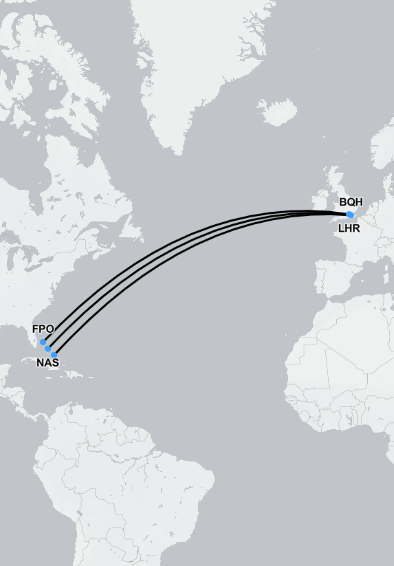 Flight route map for private air ambulance repatriation from The Bahamas to the UK