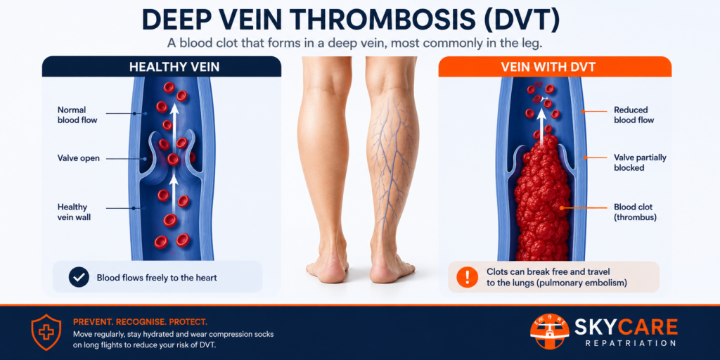 Medical illustration comparing a healthy vein with a vein affected by deep vein thrombosis (DVT), showing the signs of DVT and how a blood clot restricts blood flow.