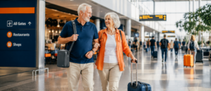 Couple travelling through an airport with a portable oxygen concentrator while flying with COPD
