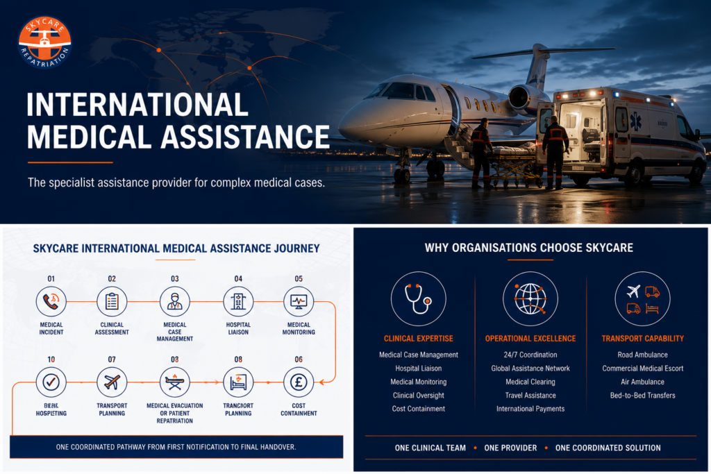 Medical Case Management Journey | SkyCare Medical case management journey showing hospital liaison, medical monitoring, cost containment, transport planning and coordinated international patient assistance.