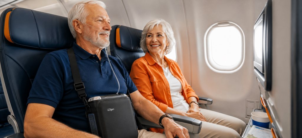 Passenger using a portable oxygen concentrator during a commercial flight with COPD