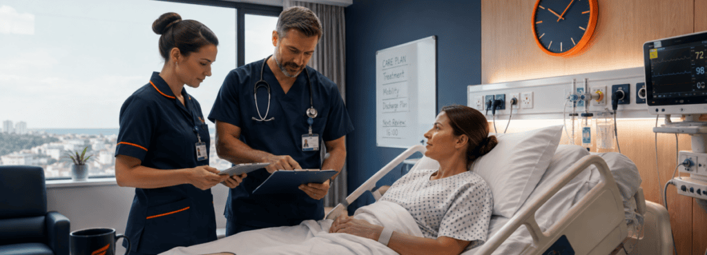 Clinical case management with a doctor and nurse reviewing a hospital patient’s treatment, medical monitoring and discharge plan.