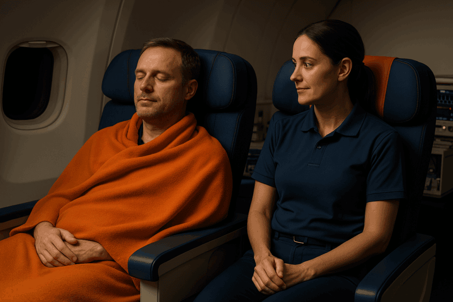 Scorta medica SkyCare con paziente su volo commerciale dall’Italia al Regno Unito 