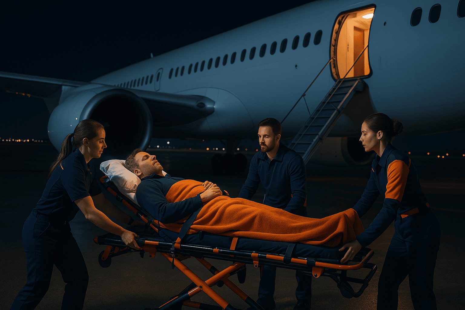 SkyCare medical escort assisting a patient during commercial airline repatriation 