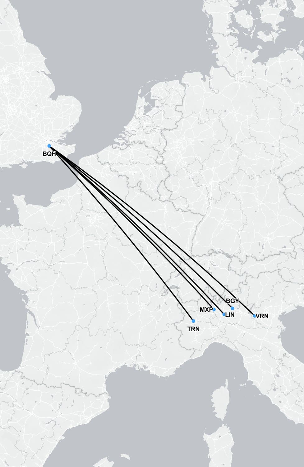 Mappa delle rotte di rimpatrio sanitario dall’Italia al Regno Unito