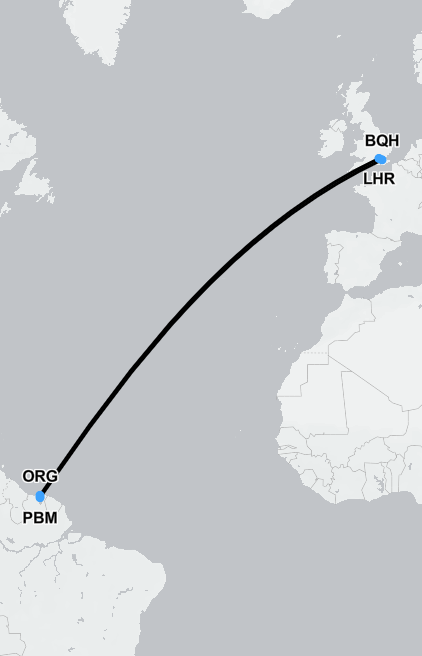 Suriname international medical flight route map for air ambulance and medical repatriation