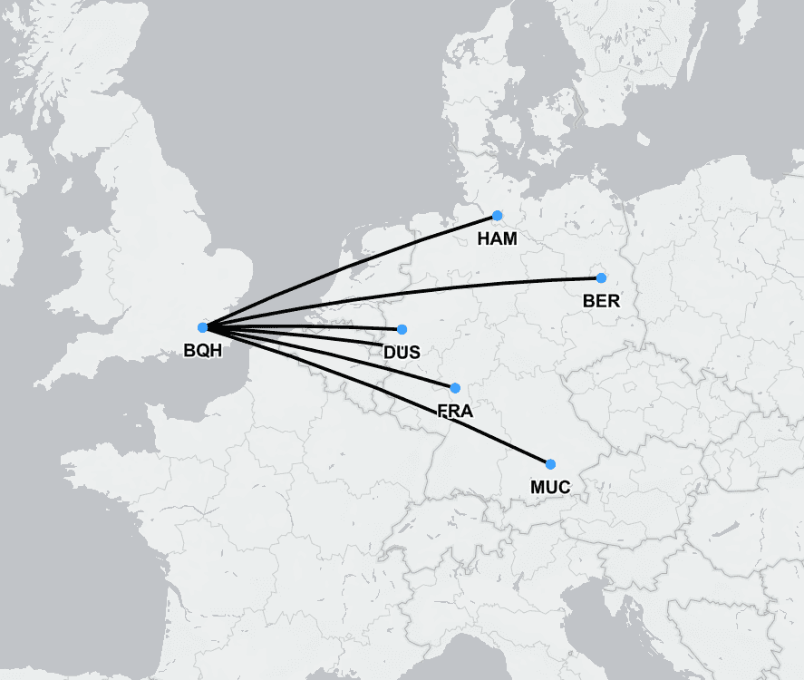 Karte mit Ambulanzflug-Routen zwischen London und großen Flughäfen in Deutschland